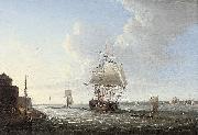 Dominic Serres, An English man-o'war shortening sail entering Portsmouth harbour, with Fort Blockhouse off her port quarter